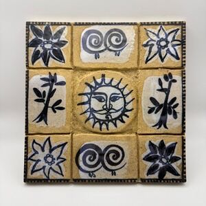 Vintage Ceramic Celestial Trivet Tile Tan Blue Sun Folk Art Decor Studio Pottery